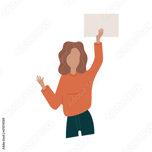 Woman holds a poster with open space for inscription. Flat vector illustration