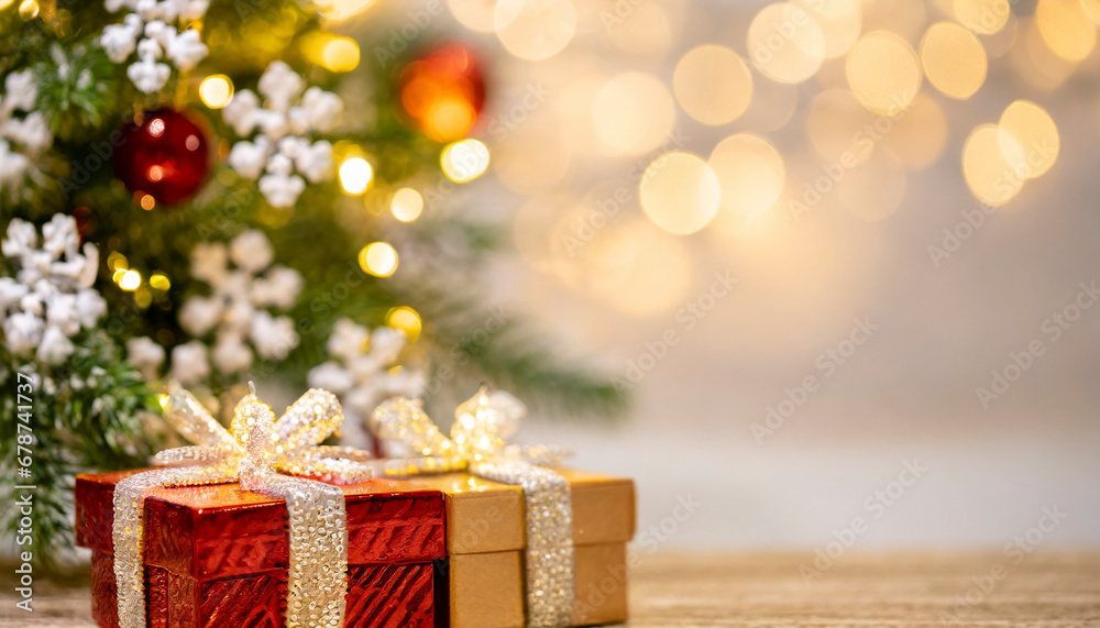 Christmas decoration with gifts and lights on wooden background Christmas decoration with gifts and lights on wooden background