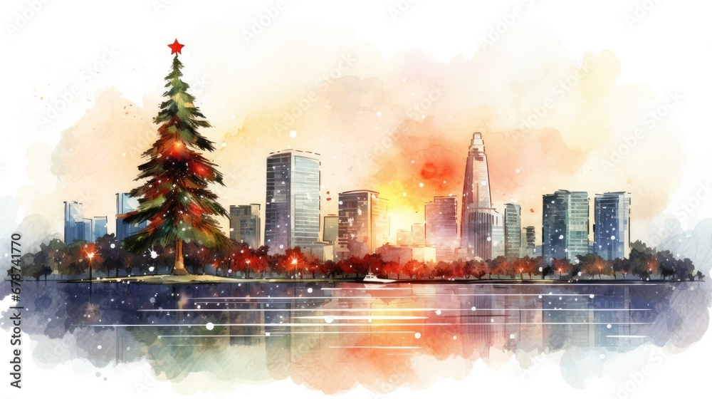  a watercolor painting of a cityscape with a christmas tree in the foreground and a red star on the top of the tree in the foreground.