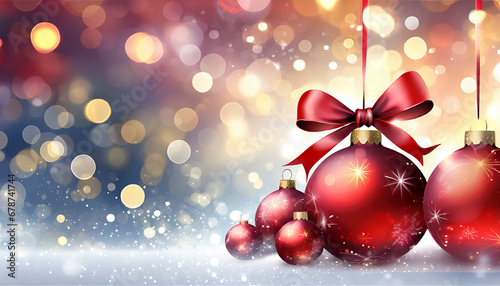 christmas background with red balls and ribbon on golden bokeh lights