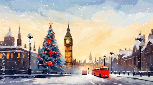  a painting of a snowy street with a christmas tree in the foreground and a red double decker bus in the foreground  and a clock tower in the background.