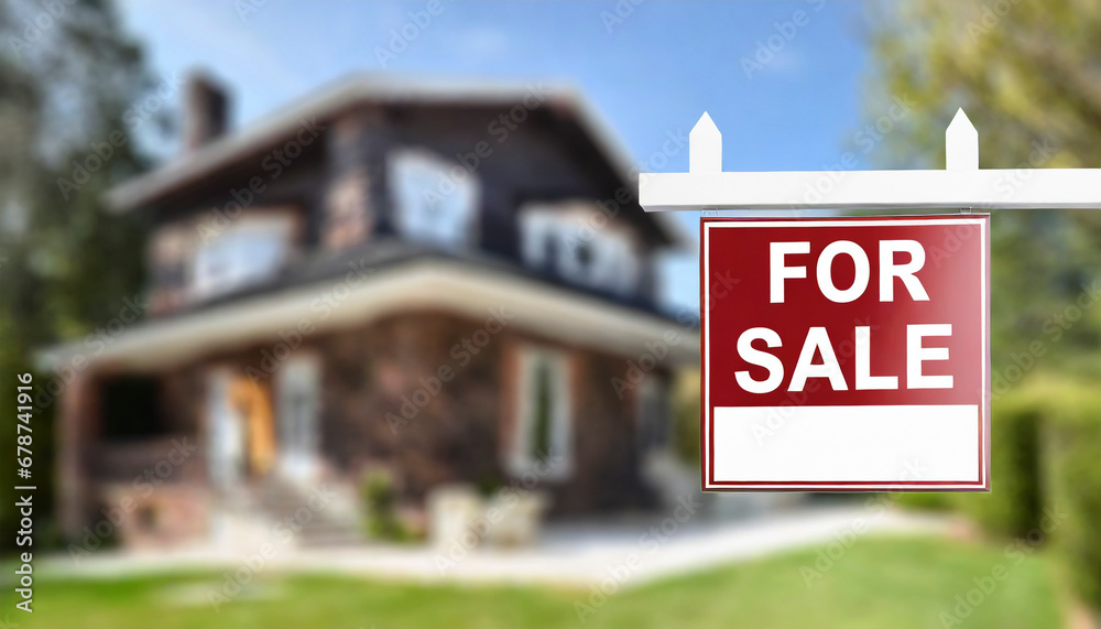 For sale real estate sign with blurred house in background - obrazy, fototapety, plakaty 