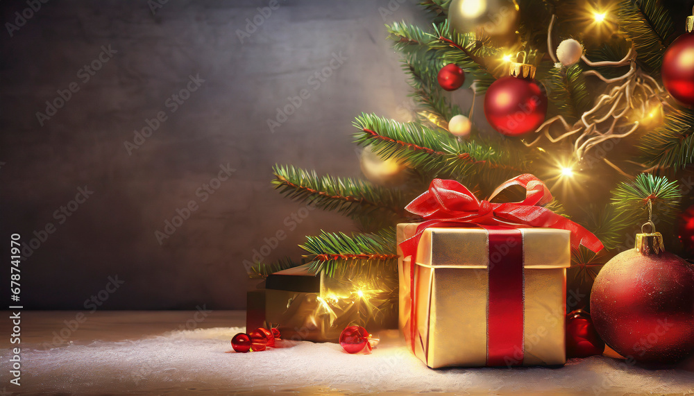 Christmas tree and gift box on dark background