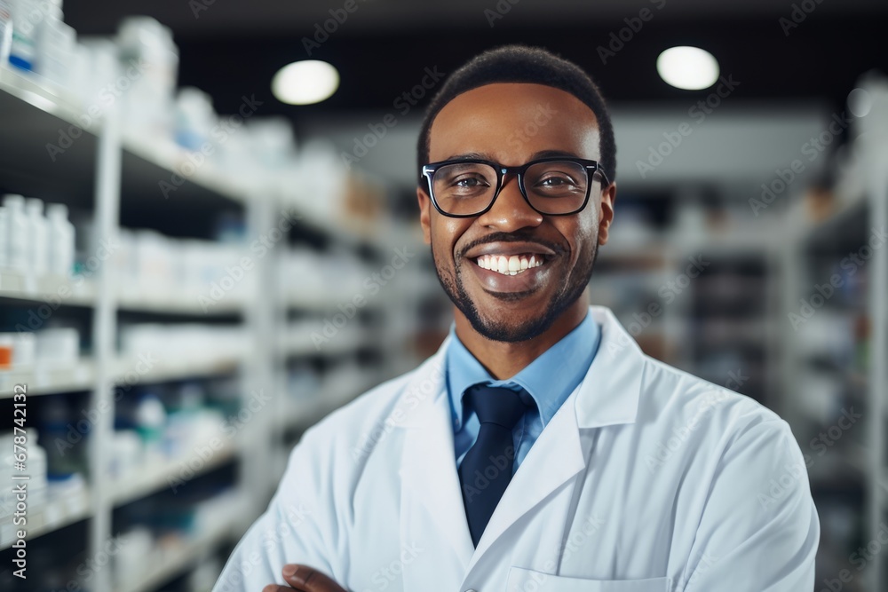 Smiling Black Pharmacist in a Well-Stocked Pharmacy Smiling Black Pharmacist in a Well-Stocked Pharmacy