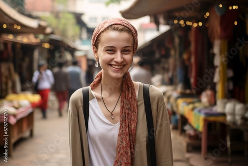 Young Woman Exploring a Colorful Market Stall
