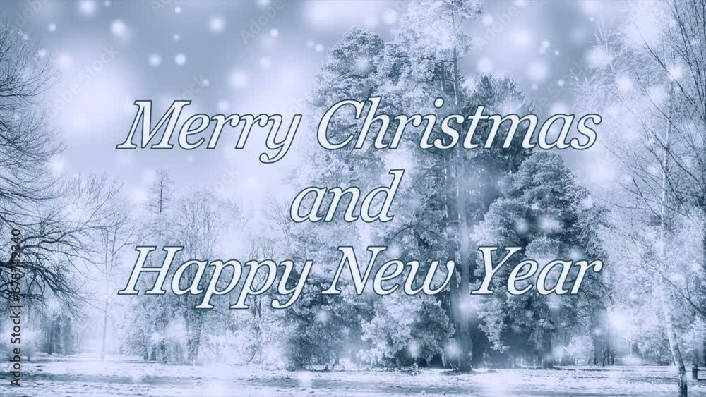 Merry Christmas and Happy New Year words design celebration. Winter falling snow and snowflakes in forest trees. Loop seamless animation text background. Motion element gif animated looping backdrop.