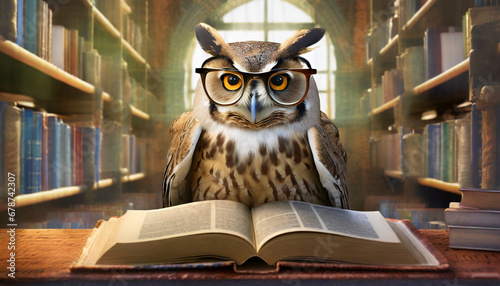 Smart owl wearing reading glasses with a book in the library