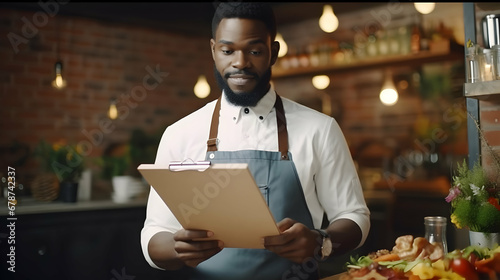 Expert in nutrition making special menu for patient and writing list of allowed products on clipboard paper during work time in hospital,Generated Ai