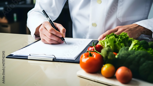 Expert in nutrition making special menu for patient and writing list of allowed products on clipboard paper during work time in hospital,Generated Ai