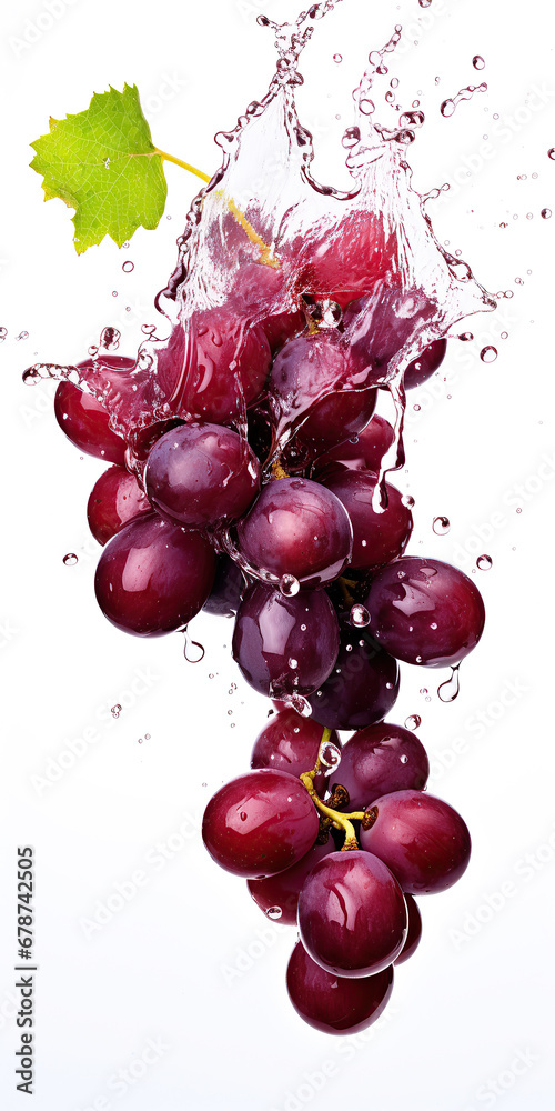 Black or dark red grape in water splash isolated on white background with clipping path.