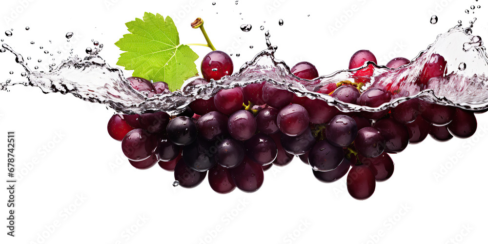 Black or dark red grape in water splash isolated on white background with clipping path.