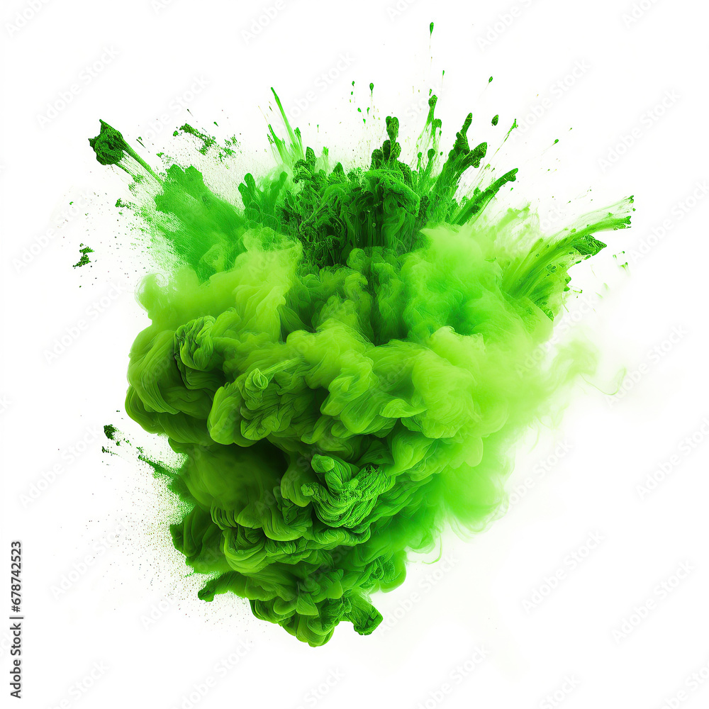 Bright green holi paint color powder festival explosion burst isolated white background. industrial print concept background. Bright green holi paint color powder festival explosion burst isolated white background. industrial print concept background.