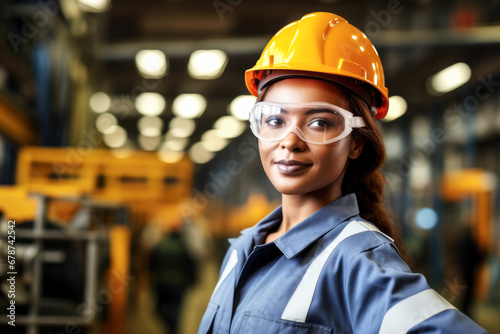 Professional female factory worker with hard hat and protective clothing. © PixelGallery