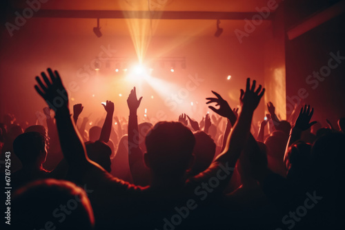 Some people at a music concert lifting their hands in light.