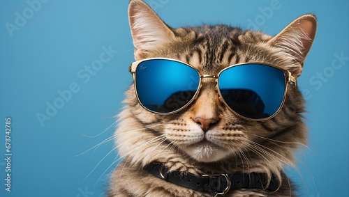 a cat wearing a sunglasses with blue background. Generative AI