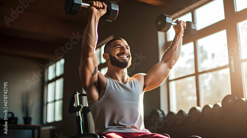 Joyful arabian person with physical disability holding dumbbells in raised arms during strength training at home,Generated Ai