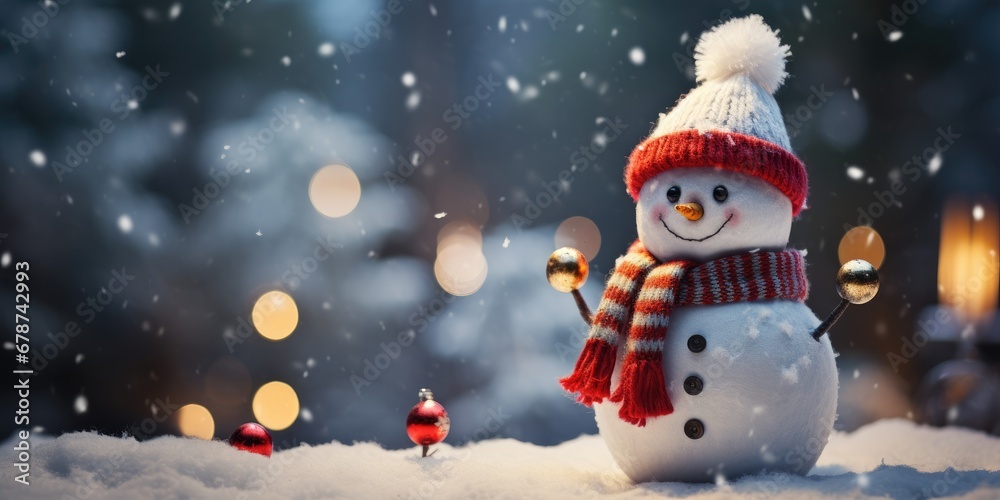 Fototapeta premium Cute little snowman in a hat,on a snowy evening landscape, winter Christmas holidays, Generative AI