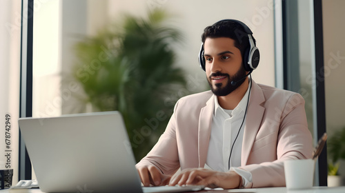 Mindful arabian male in business casual clothes using microphone of headset while holding online briefing via laptop,Generated Ai