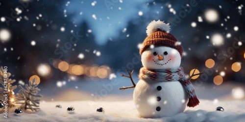 cute funny snowman in a woolen hat and scarf, on a snowy snowy landscape. Generative AI © 22_monkeyzzz