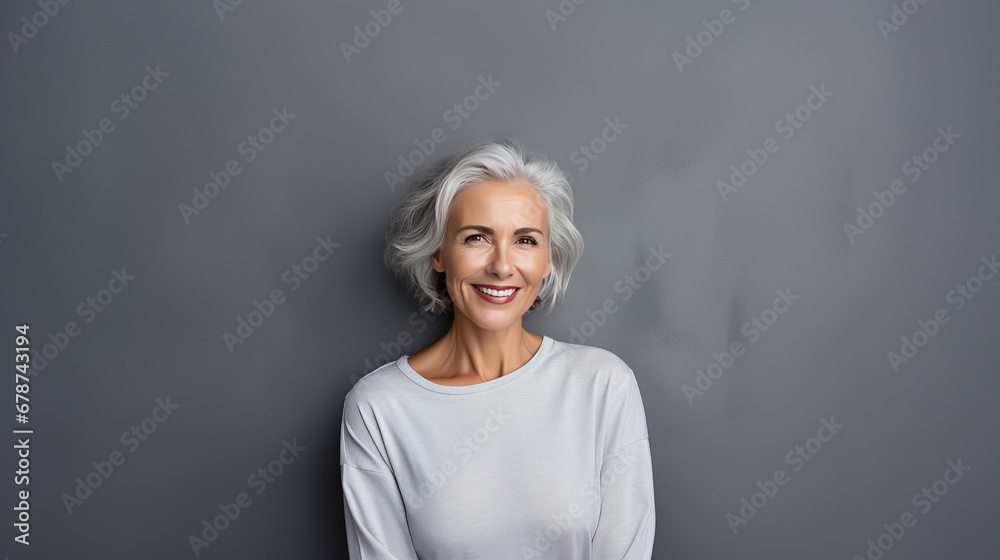 Close up portrait of beautiful older woman smiling and standing by grey wall. Close up portrait of beautiful older woman smiling and standing by grey wall.