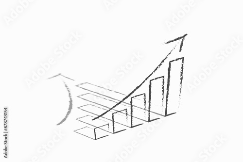 Bar chart and exponential upward arrow in chalky stroke style on a white background with shadow. Illustration of the concept of business revenue and stock prices
