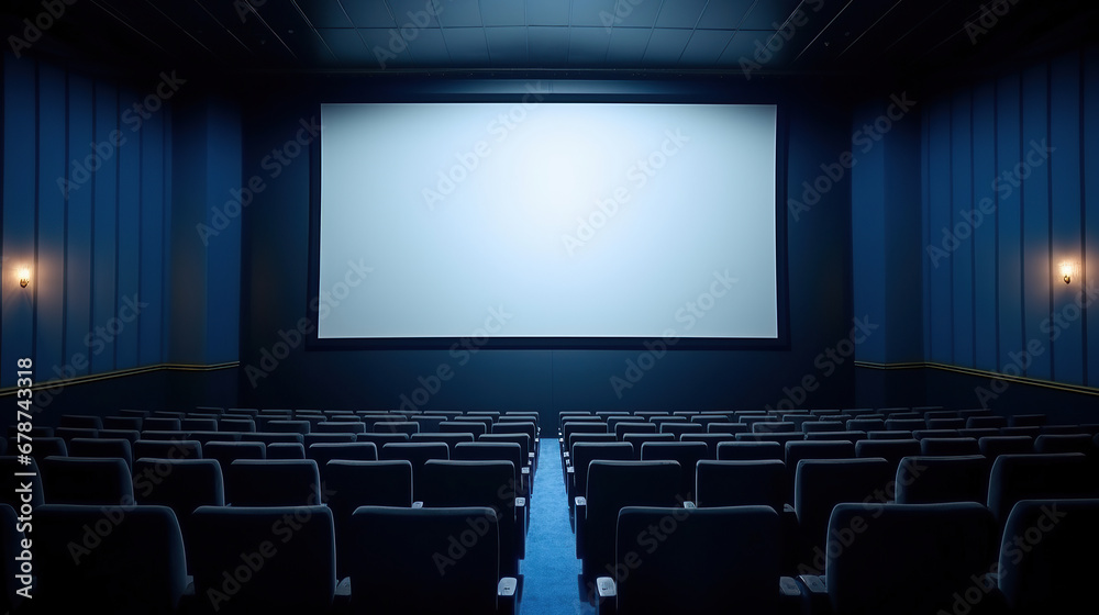Empty of cinema in blue color with white blank screen. Mockup of hall, no people and auditorium. Empty of cinema in blue color with white blank screen. Mockup of hall, no people and auditorium.
