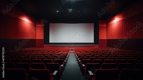 Empty of cinema in red color with white blank screen. Mockup of hall, no people and auditorium. © Santy Hong