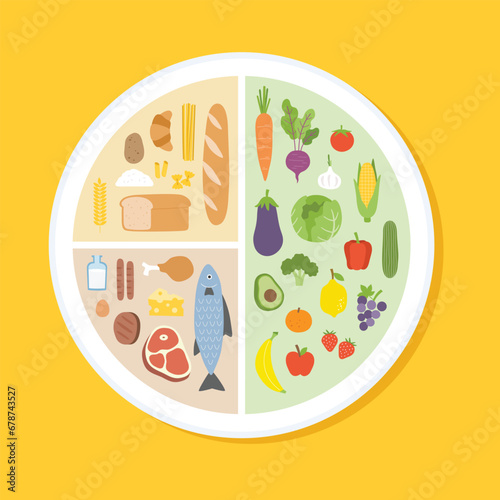 Healthy eating tips. Infographic chart of food balance with proper nutrition proportions. Plan your meal. Healthy balanced food and dieting concept.