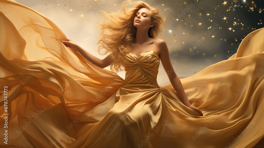Gold Fashion Model Dress, Woman In Golden Silk Gown Flowing Fabric, Beautiful Girl on Stars Sky looking up, With clipping path. Full depth of field. Focus stacking. Gold Fashion Model Dress, Woman In Golden Silk Gown Flowing Fabric, Beautiful Girl on Stars Sky looking up, With clipping path. Full depth of field. Focus stacking.