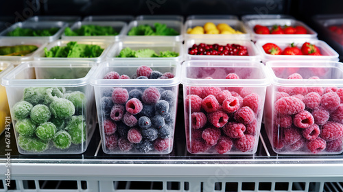 Frozen berries and healthy vegetables are stored in reusable box containers on freezer shelves of refrigerator at home. photo