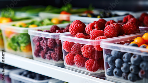 Frozen berries and healthy vegetables are stored in reusable box containers on freezer shelves of refrigerator at home.