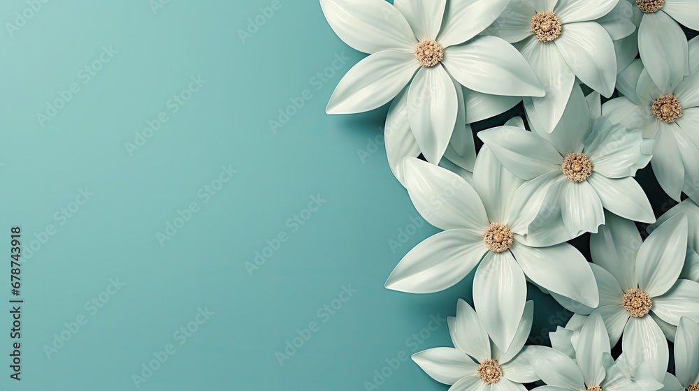 a bunch of white flowers sitting on top of a blue table next to a white and brown flower on top of a blue table with a brown center piece of paper in the middle. a bunch of white flowers sitting on top of a blue table next to a white and brown flower on top of a blue table with a brown center piece of paper in the middle.