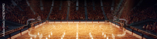 Aerial view. 3D model of empty basketball playground, arena court before championship. Stadium full of fans. Field for team games with crowdy stages.