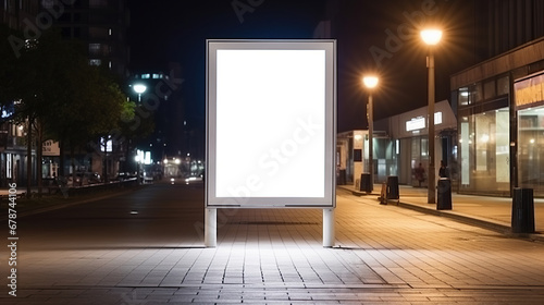 Mockup. Blank white vertical advertising banner billboard stand on the sidewalk at night. photo