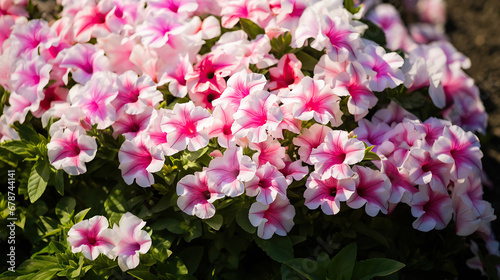 Nature background with close up of white and pink petunia surfinia flowers.