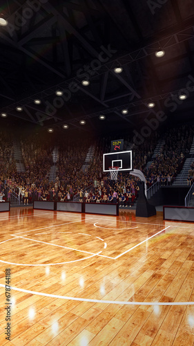 Vertical image. 3D model of basketball court, arena with hoop. Empty basketball hall, playground with fans waiting favorite players. Stadium before championship. photo