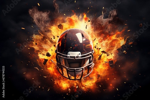 Flames of Victory: A Cinematic Display featuring an Exploding American Football Helmet, Flames Engulfing in Cinematic Light, Capturing the Dynamic Energy and Pride of Athletic Triumph photo