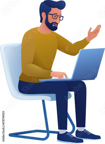 A man, person, using a laptop computer cartoon illustration. Possibly remote working online from home or running a business as an entrepreneur or freelancer. Could also be a college student studying.