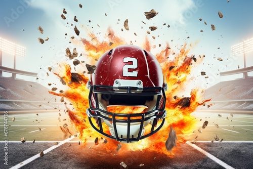 Epic Helmet Burst: Dive into the Explosive Display of an American Football Helmet, Flames Surrounding in Cinematic Light, a Striking Symbol of Athletic Power and Passion photo