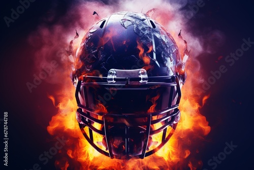 Epic Helmet Burst: Dive into the Explosive Display of an American Football Helmet, Flames Surrounding in Cinematic Light, a Striking Symbol of Athletic Power and Passion photo