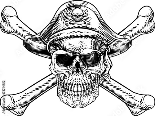 Pirate skull and crossbones skeleton grim reaper mascot in pirates captain hat and eyepatch. Original illustration in a vintage retro woodcut etching style.