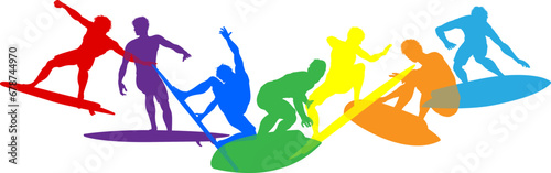 Surfers Surfing on their Surf Boards Silhouette set. Active sports people healthy players fitness silhouettes concept. photo
