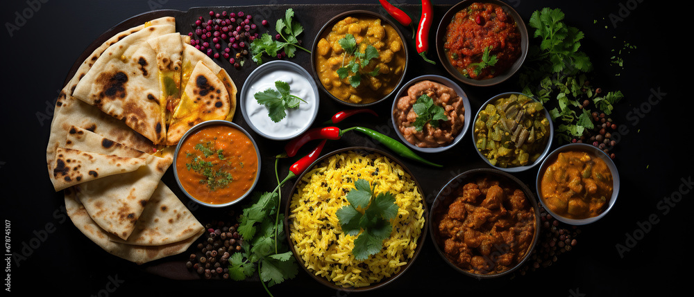 Top view of Assorted indian food on black background. Top view of Assorted indian food on black background.