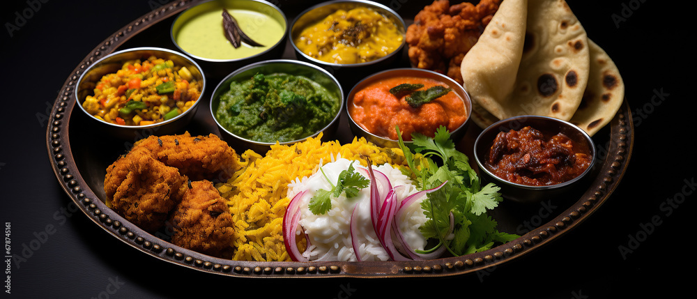 Top view of Assorted indian food on black background.