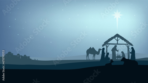 Valokuva Illustration of Christmas Nativity scene with the three wise men going to meet baby Jesus in the manger