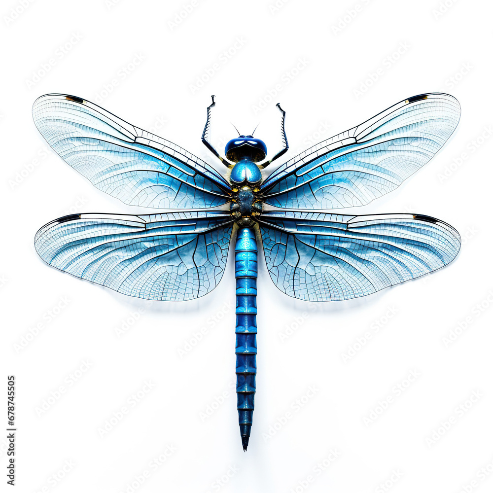 Detailed Close-Up of a Vibrant Blue Dragonfly on a White Background Detailed Close-Up of a Vibrant Blue Dragonfly on a White Background