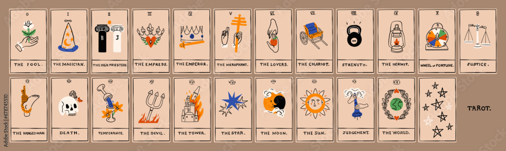 Tarot cards deck. Major arcana set. Unique minimal style. Trendy colorful design. Hand drawn Vector illustration. Pack of spiritual signs. Occult, alchemy, esoteric, magic mystery, prediction concept 