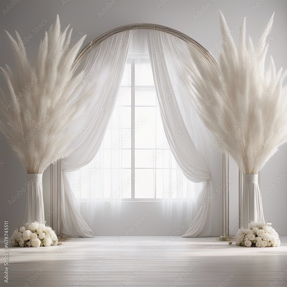 Backdrop of white boho minimalist room with arch and flowing white curtains, white wedding flowers, oversize white pampas grass, oversize white ginko flowers, white floring, volumetric ligh