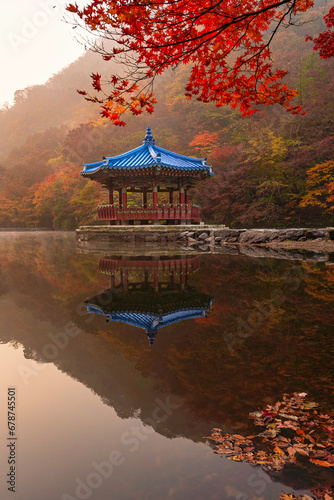Amazing frame of red ancient pavilion and colorful maple trees in small pond, Autumn scene of Naejangsan national park in South Korea.