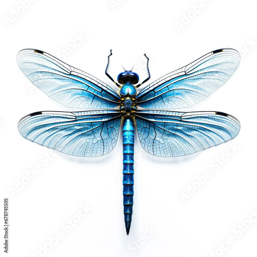 Detailed Close-Up of a Vibrant Blue Dragonfly on a White Background © Moon